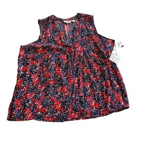 Caffe Marrakesh Blouse Women 2X Red Blue Floral Rayon Babydoll V-Neck Sleeveless